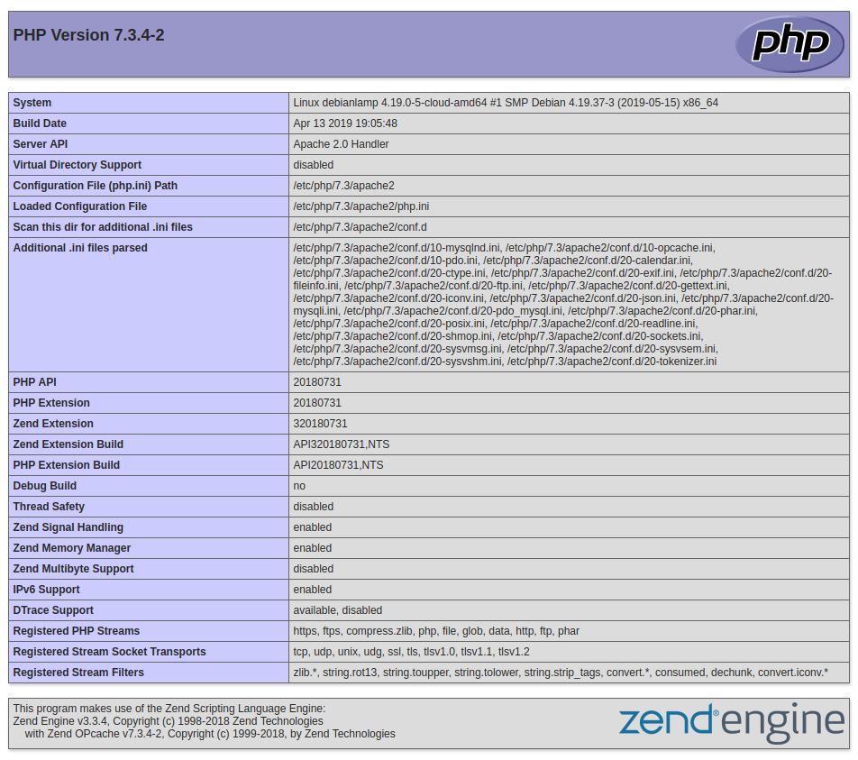 Debian 10 default PHP info